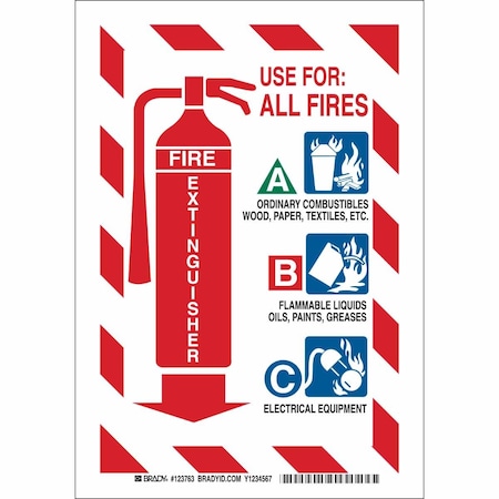 Brady Fire Ext Sign, 10X7", Blue, Gr and Rd/Wt, Height: 10" 123762